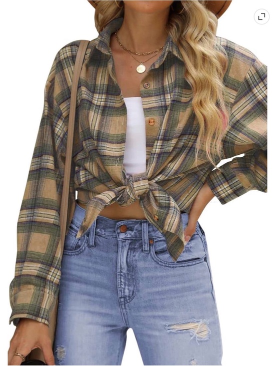 Fantaslook Tops - Women's Plaid Button-Down Shirt in Green and Tan